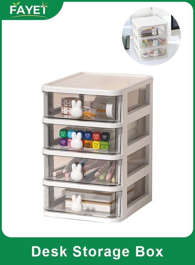 FAYET 4 Tier Desk Organizer with Bunny Handles, Transparent Plastic Storage Box for Office, Home, and Study, Stackable Drawer Organizer for Books, Pens, Office Supplies, and Cosmetics - Image 1